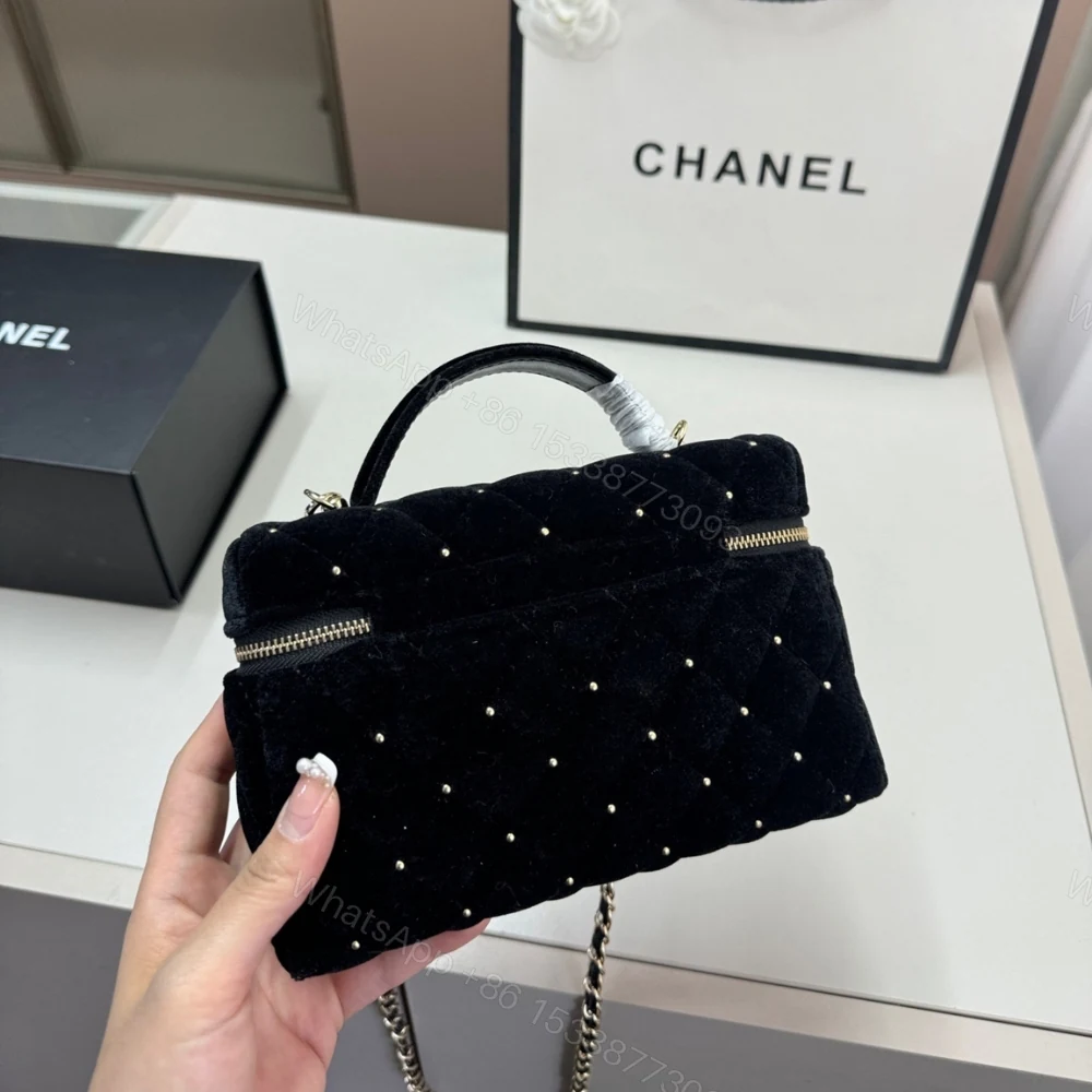 View 5 of Chanel Vanity With Chain Velvet Diamante And Gold Tone Metal Black 19Cm