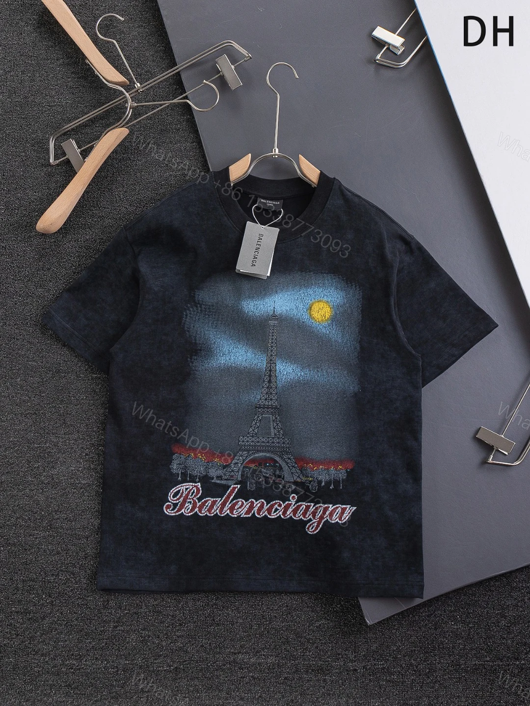 BalenciagaA貨男士短袖T恤黑底巴黎鐵塔圖案夜色浪漫設計款 — view 1