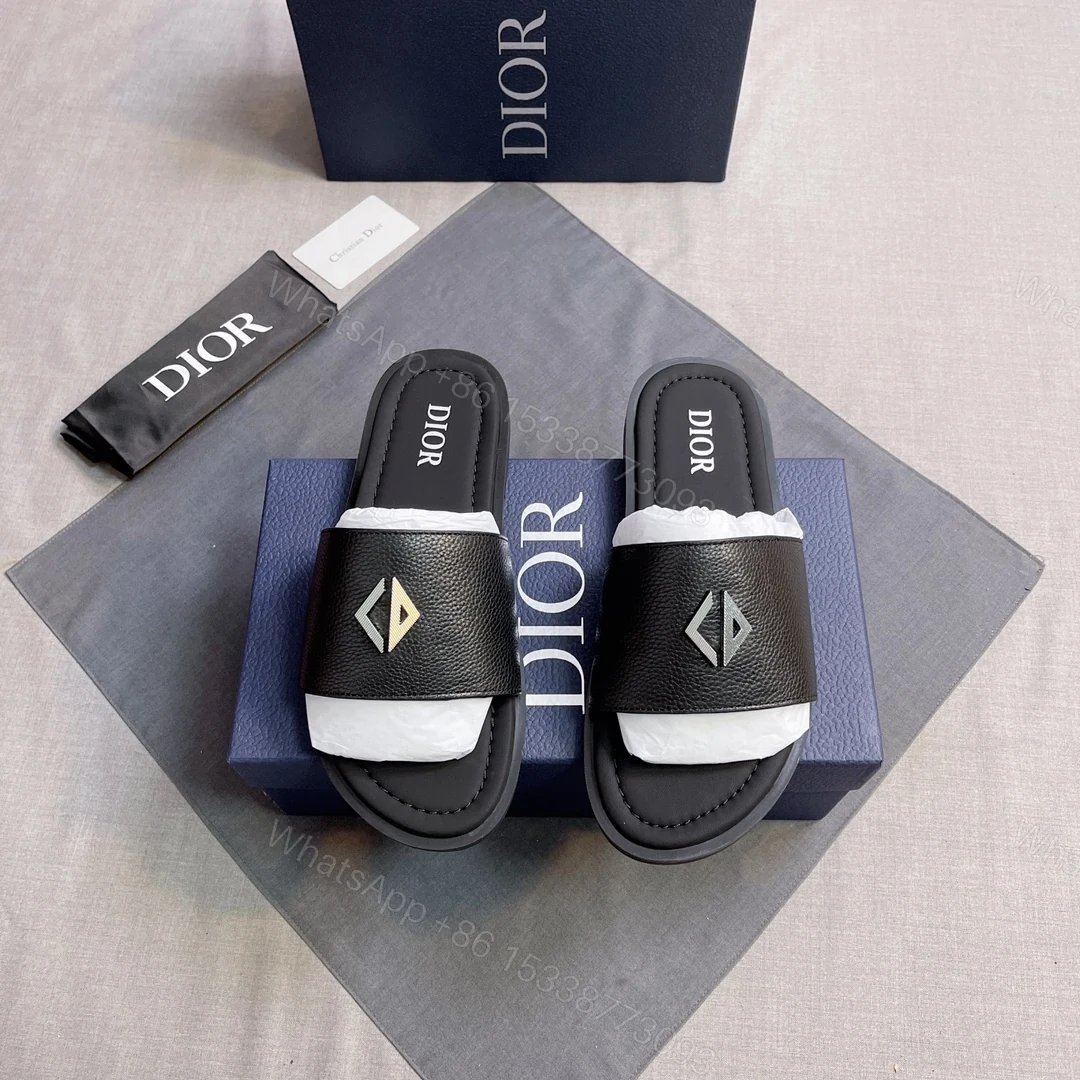DIOR 高仿 男款CD皮革拖鞋 深藍休閒涼拖 潮流百搭 — view 1