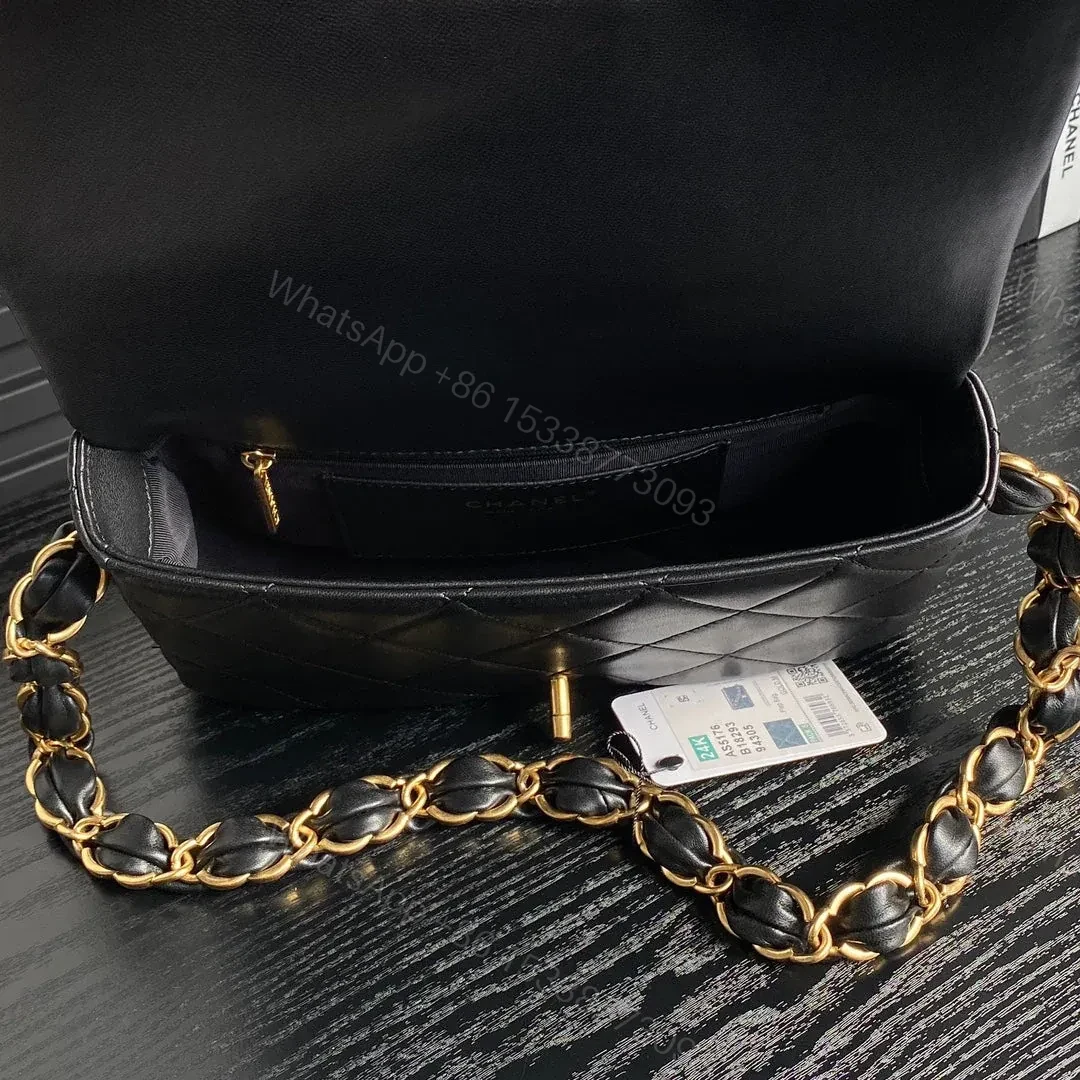 View 7 of CHANEL MEDIUM FLAP BAG 26 IN BLACK CALFSKIN GOLD DOUBLE C THICK CHAIN