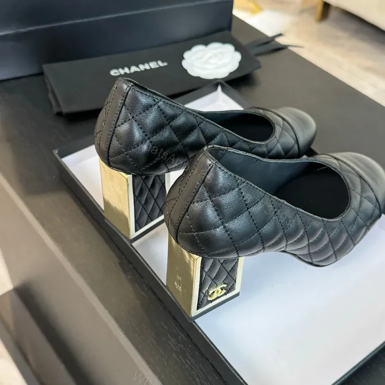 View 9 of Quilted Slip-On Heels - Black Leather, Classic Round Toe, All-Day Comfort