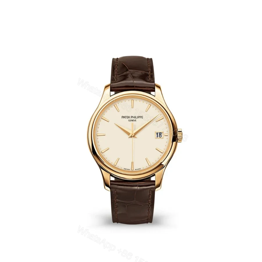 Replica Patek Philippe Calatrava Rose Gold White Dial Leather Strap — view 1