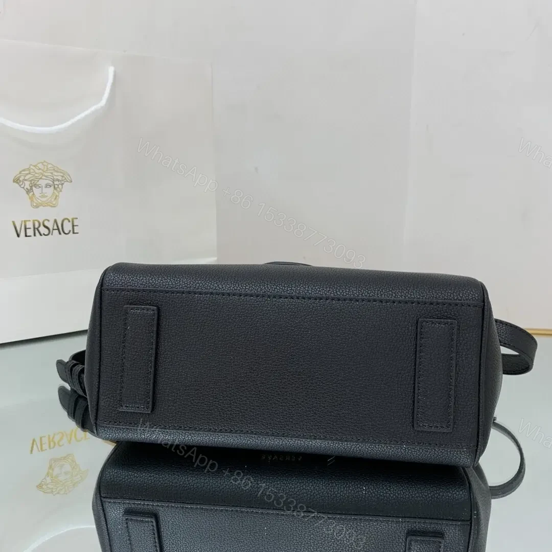 View 8 of Versace La Medusa medium top handle bag in black grained leather