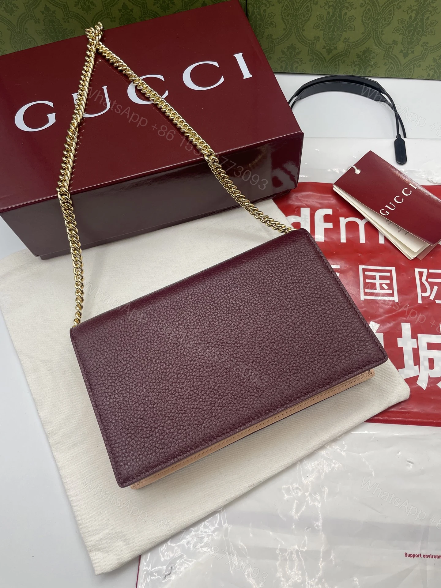 GUCCI 原單GG Marmont 酒紅色荔枝皮鏈條包 復古魅力 — view 1