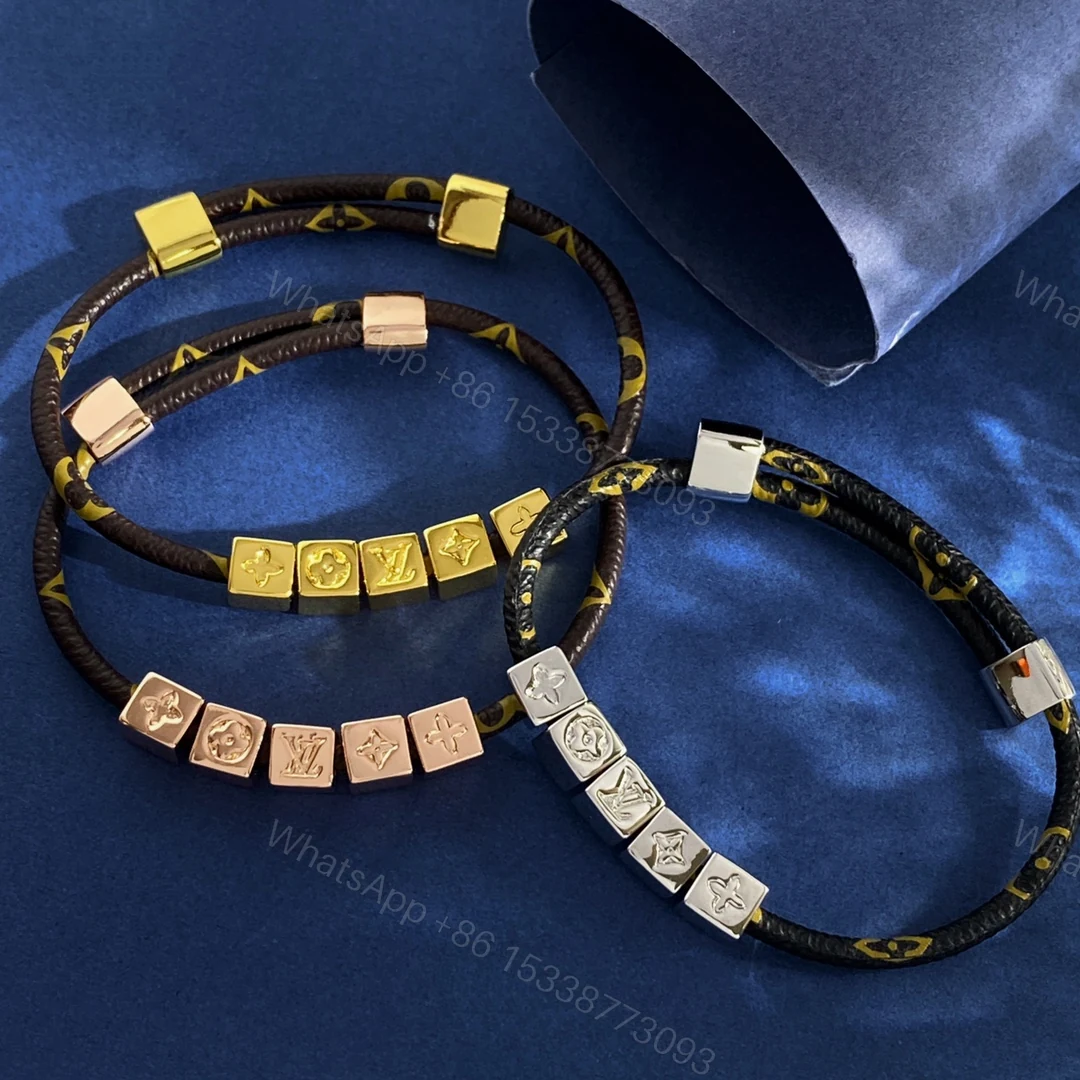 LV高仿Monogram皮繩方塊手環金色經典百搭飾品 — view 1