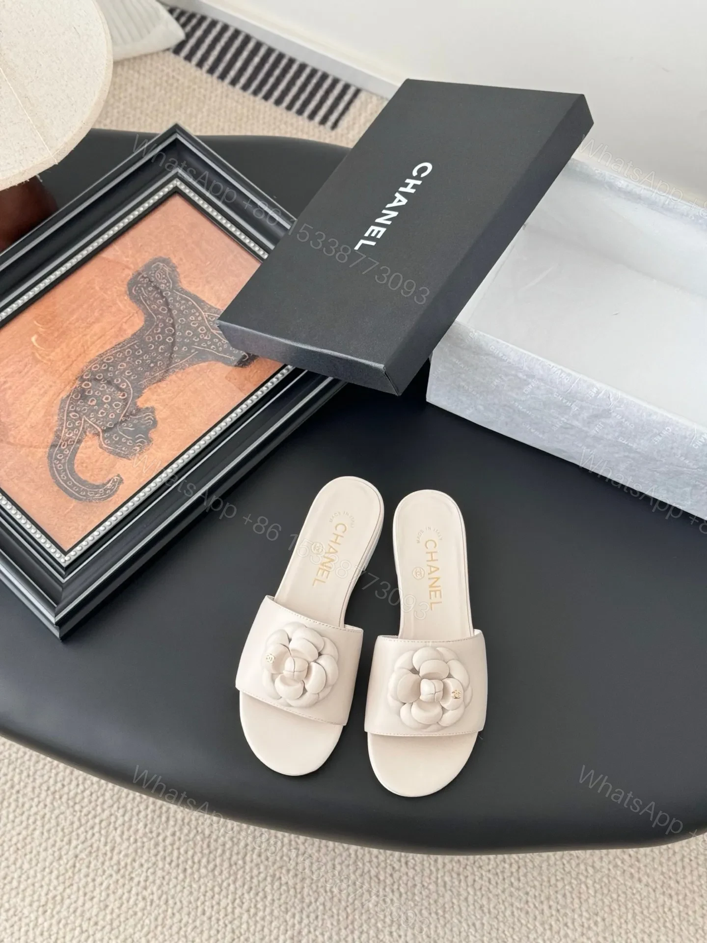 Chanel Women Cream Leather Flower Detail Slides — view 1