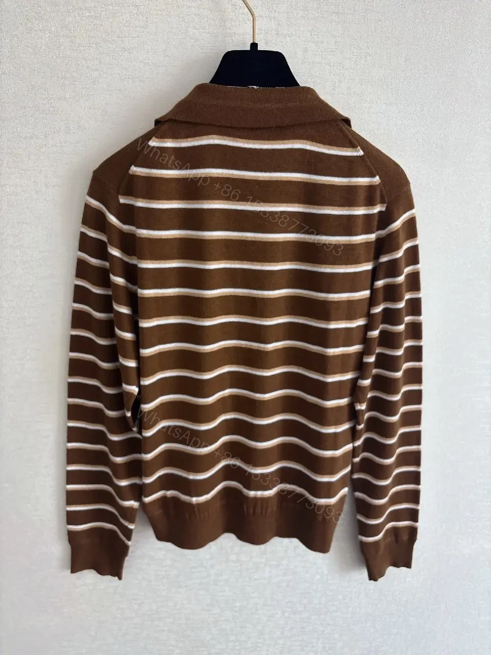 View 6 of Rich Brown Striped Knit Polo: All-Day Comfort
