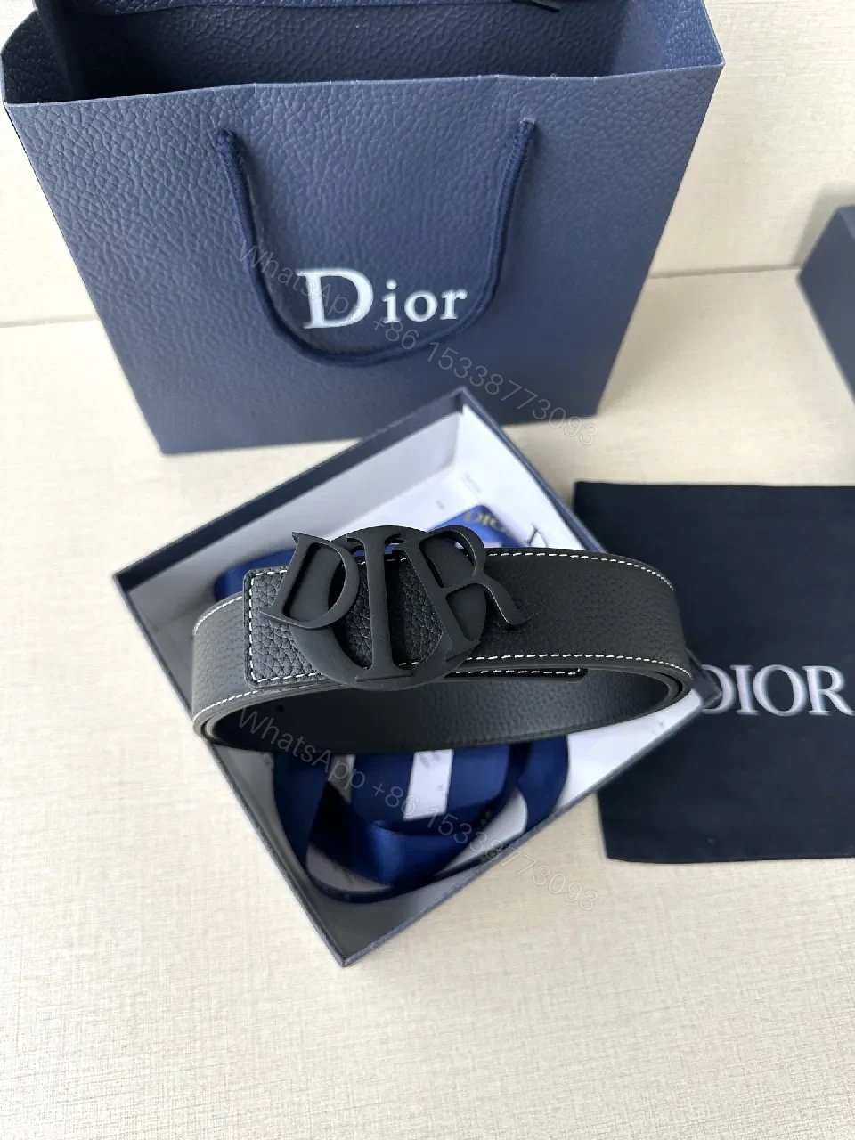 View 6 of Black Leather Belt with Interlock Buckle - Modern Chic Style