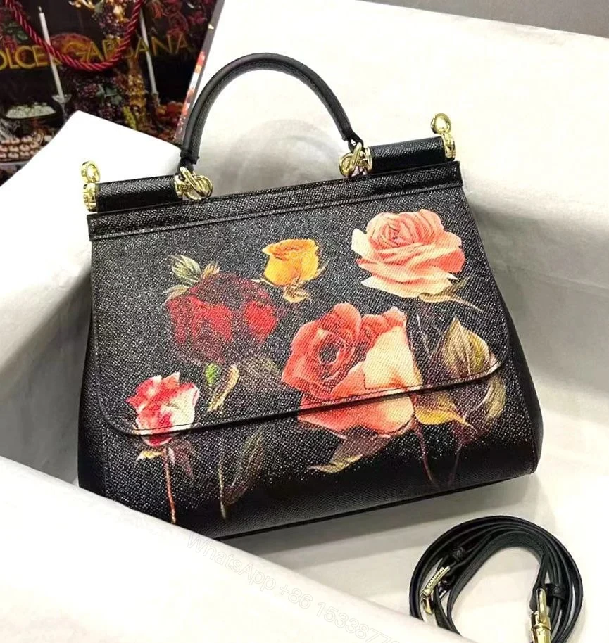 Design Dauphine Roses Print Small Miss Sicily Satchel Black – Dubai Fashion LUX — view 1