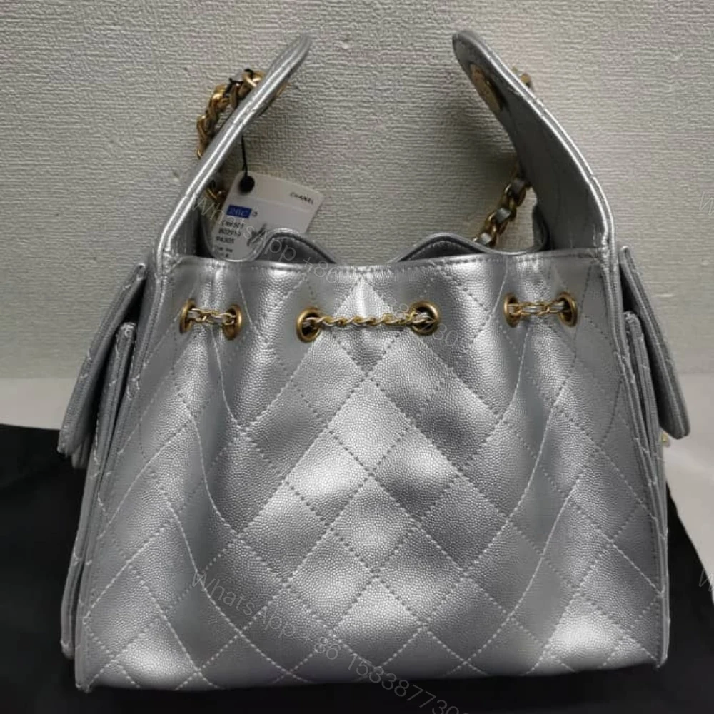 View 6 of Chanel 25 Small Handbag Metallic Grained And Gold Tone Metal Silver 26Cm