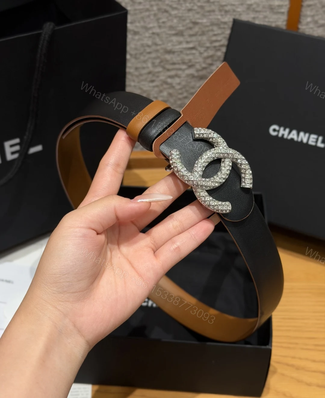 Chanel 高仿滿鑽雙C雙色牛皮女士皮帶黑棕色 — view 1