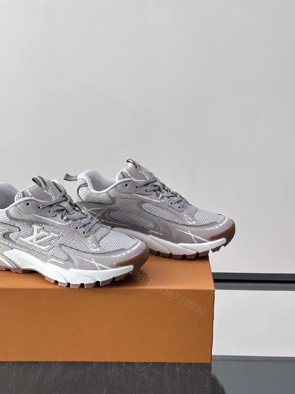 View 9 of Gray Mesh Leather Chunky Sneaker LV-inspired X Logo Shoes