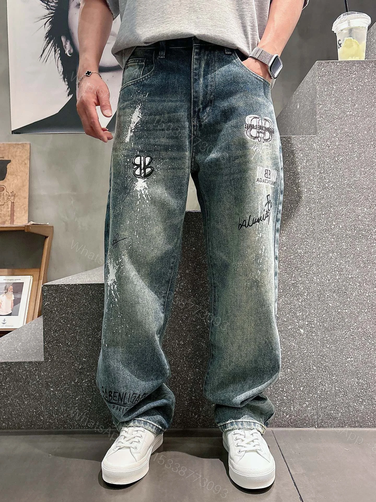 Balenciaga高仿男士牛仔長褲潑墨LOGO設計復古街頭寬鬆款 — view 1
