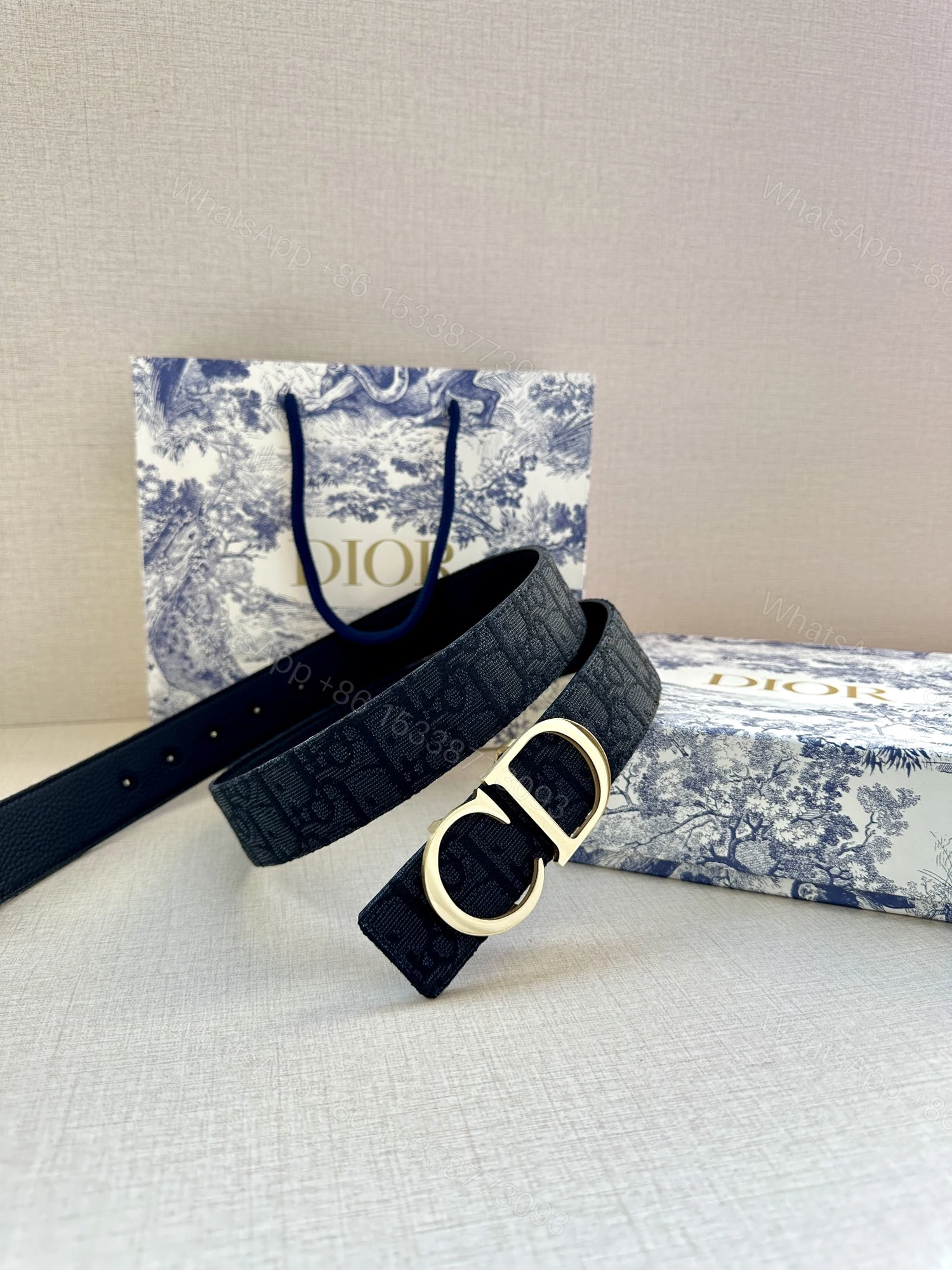 Dior 原單 男款 Oblique老花帆布皮帶 金色CD扣 精品商務款 — view 1