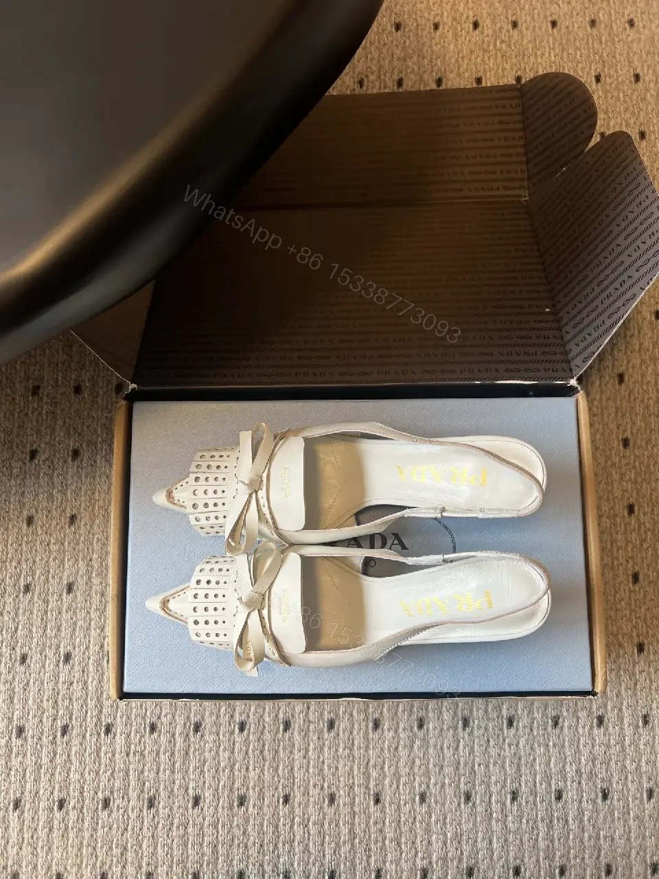 View 8 of White Leather Slingback Heels with Studded Bow – Classic Prada Style
