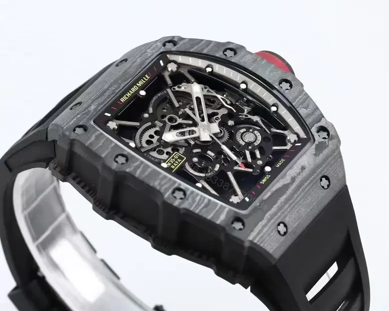 View 8 of ZF Factory RICHARD MILLE RM 35-01 Rafael Nadal Carbon Fiber Watch – Black and Red Skeleton Dial with Rubber Strap