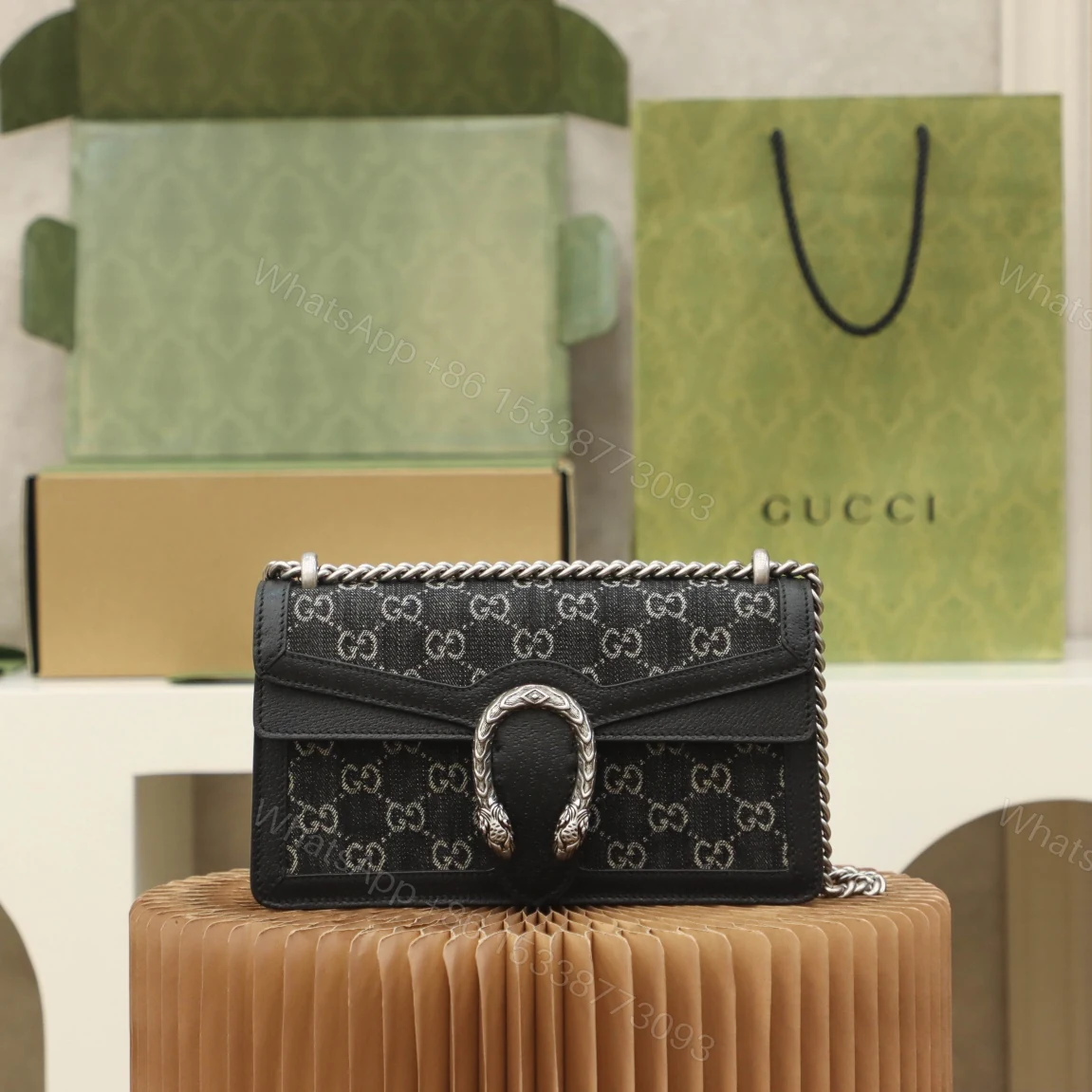 Gucci高仿Dionysus黑色GG老花包 經典銀鍊肩背款 — view 1