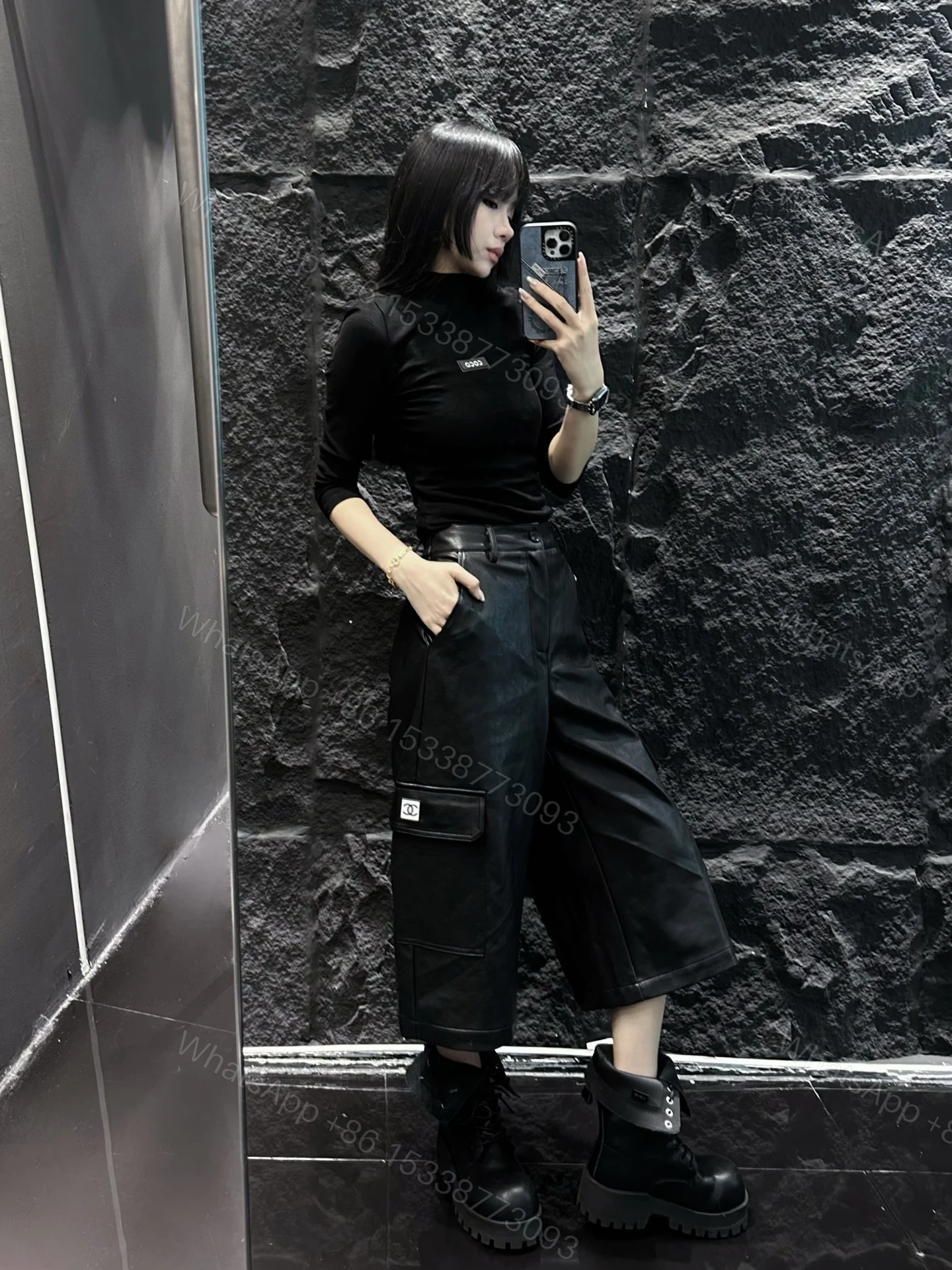 CHANEL高仿皮革工裝寬褲 女士街頭時尚百搭休閒褲 — view 1