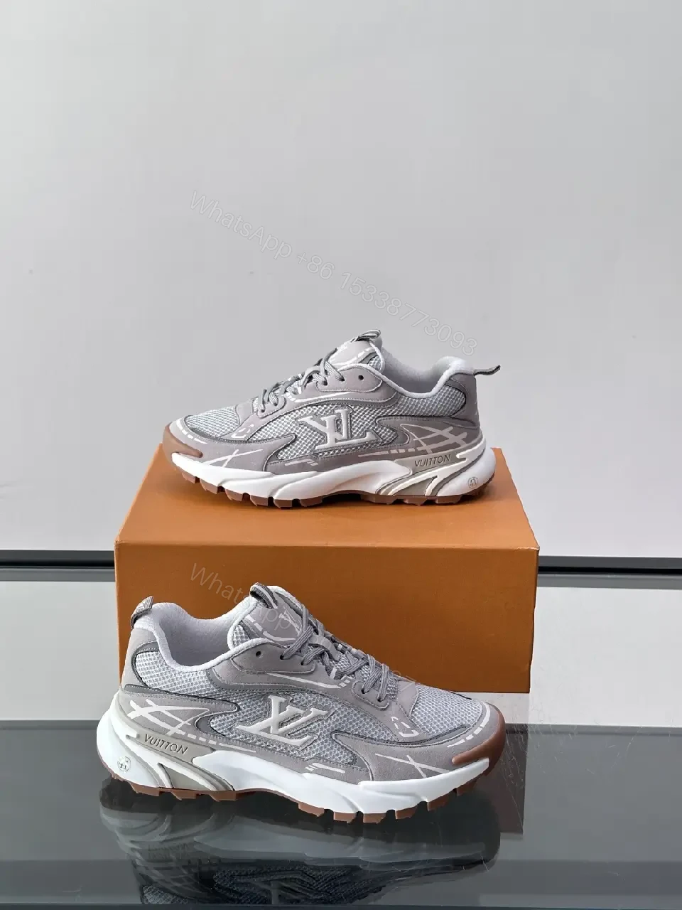 View 8 of Gray Mesh Leather Chunky Sneaker LV-inspired X Logo Shoes