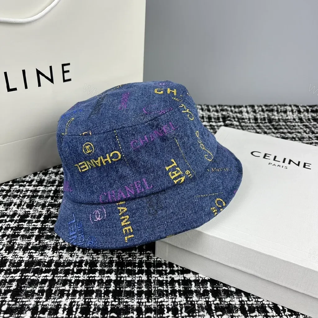 Blue Denim Bucket Hat with Multicolor Logo Print — view 1