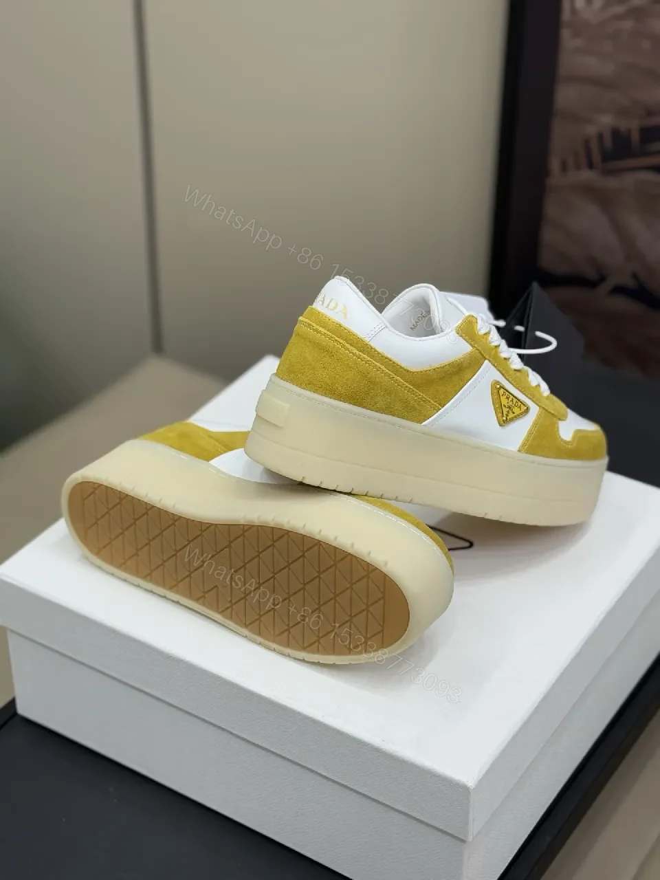 View 5 of Yellow & White Leather Sneaker — Mustard Accent, Platform Sole, Luxe Everyday Style