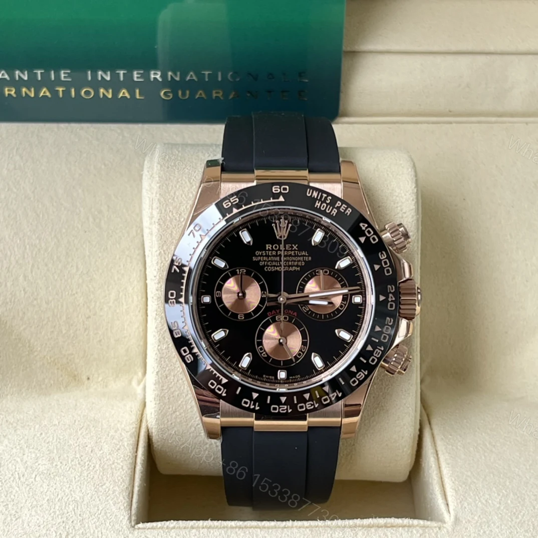 Rolex 高仿 男款 Daytona 黑面橡膠帶玫瑰金計時腕錶 運動奢華款 — view 1