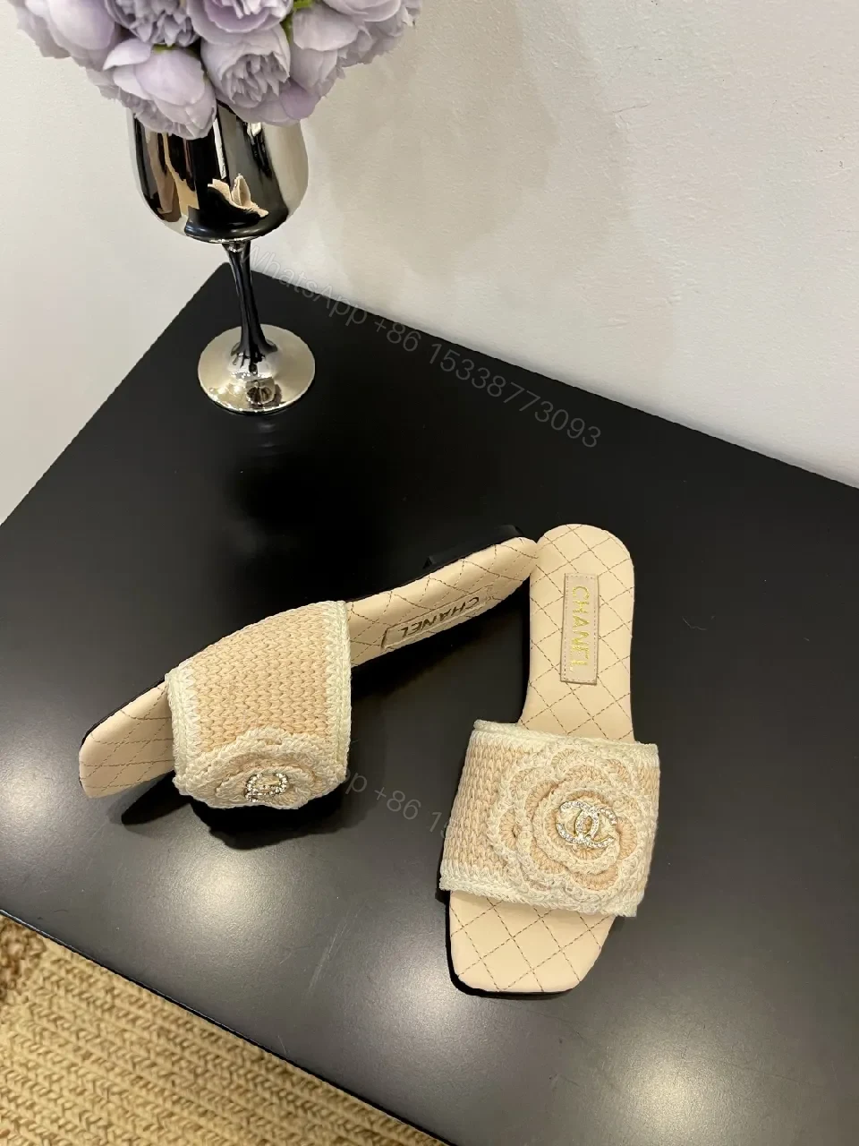 View 8 of Beige Embroidered Slide Sandals – Couture Comfort, Everyday Chic