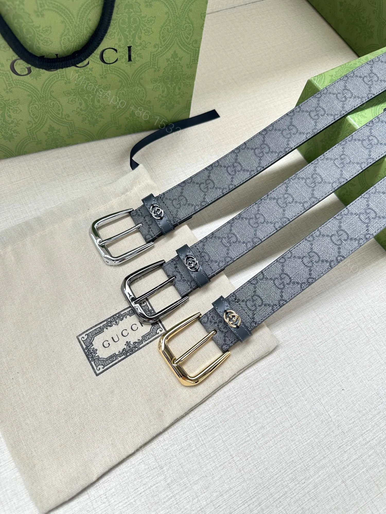 Gucci 原單灰色GG印花皮帶 經典針扣細節男士款 — view 1
