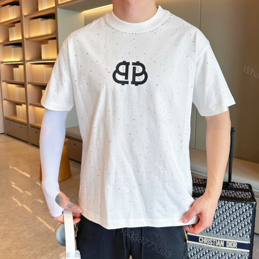 Balenciaga 高仿T恤 男款白色滿鑽BB LOGO寬鬆短袖上衣 — view 1