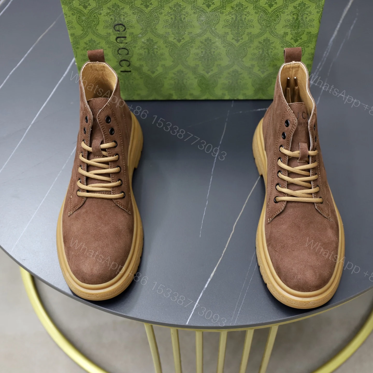 Gucci A貨男款麂皮短靴 咖啡色中筒復古工裝風格 — view 1