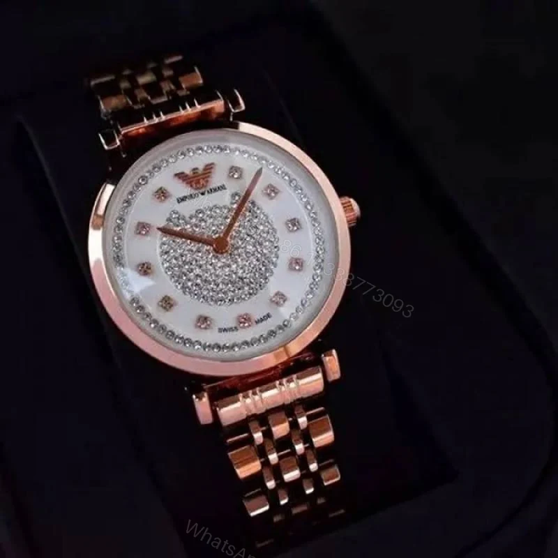 First Copy Emporio Armani Rose Gold White Dial Full Diamond Women’s Analog Watch — view 1