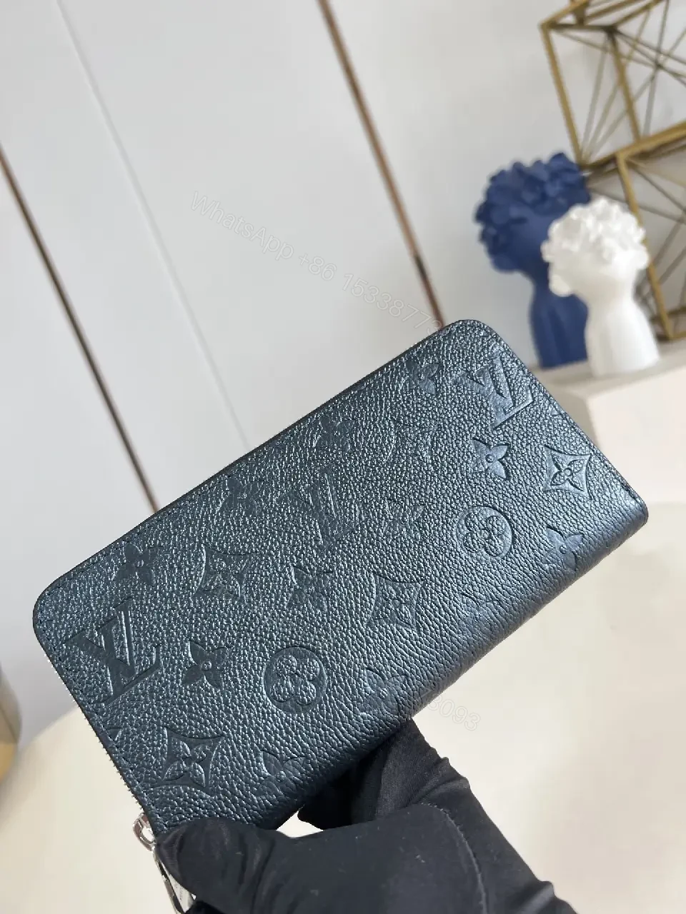 View 6 of Textured Leather Monogram Compact Wallet with Signature Hardware