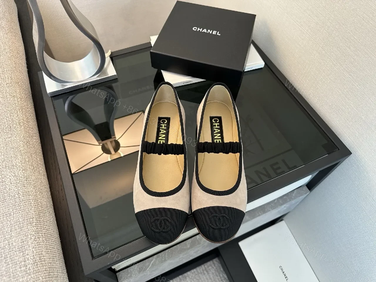 View 7 of Beige-Black Suede Ballet Flats, Two-Tone Casual Couture