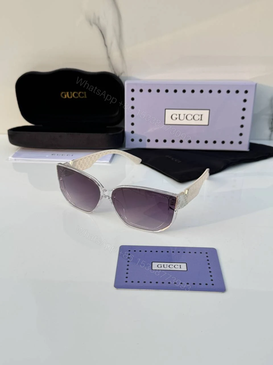 First Copy Gucci Cat Eye Sunglasses White Frame Gradient Grey Lens — view 1