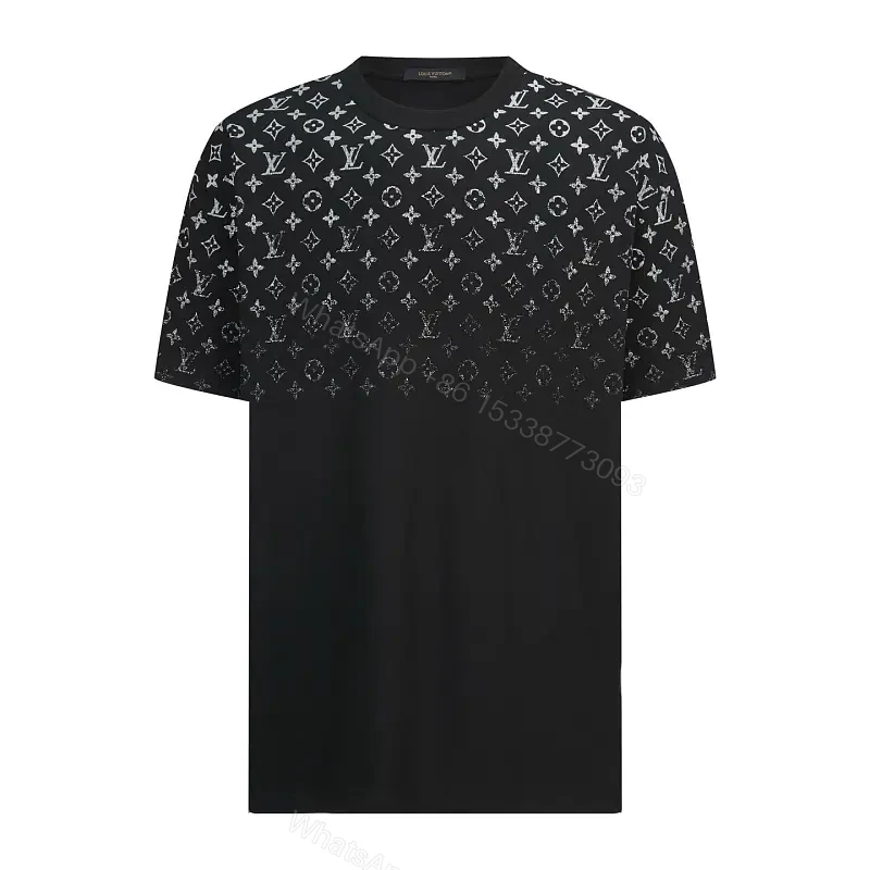 Black Polyester T-shirt Metallic LV Monogram Pattern Short-Sleeve Crewneck Tee — view 1
