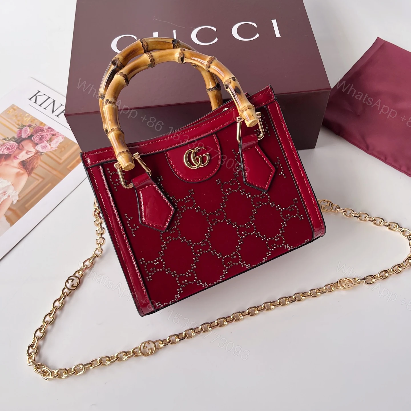 Gucci Diana 竹節手提包 酒紅色亮面皮革 迷你鍊條斜背包 — view 1