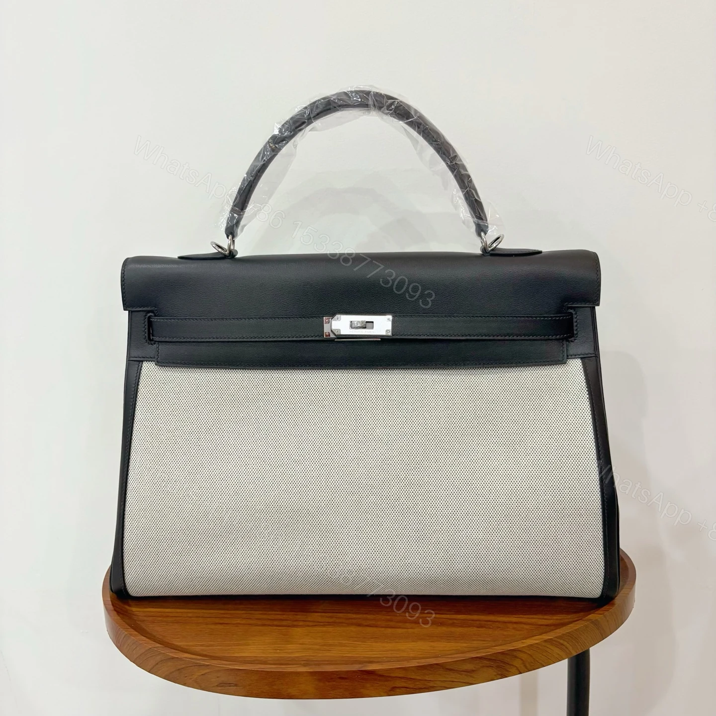 Hermès 高仿 Kelly 40 黑色拼接帆布手提包 大容量百搭商務精品包 — view 1