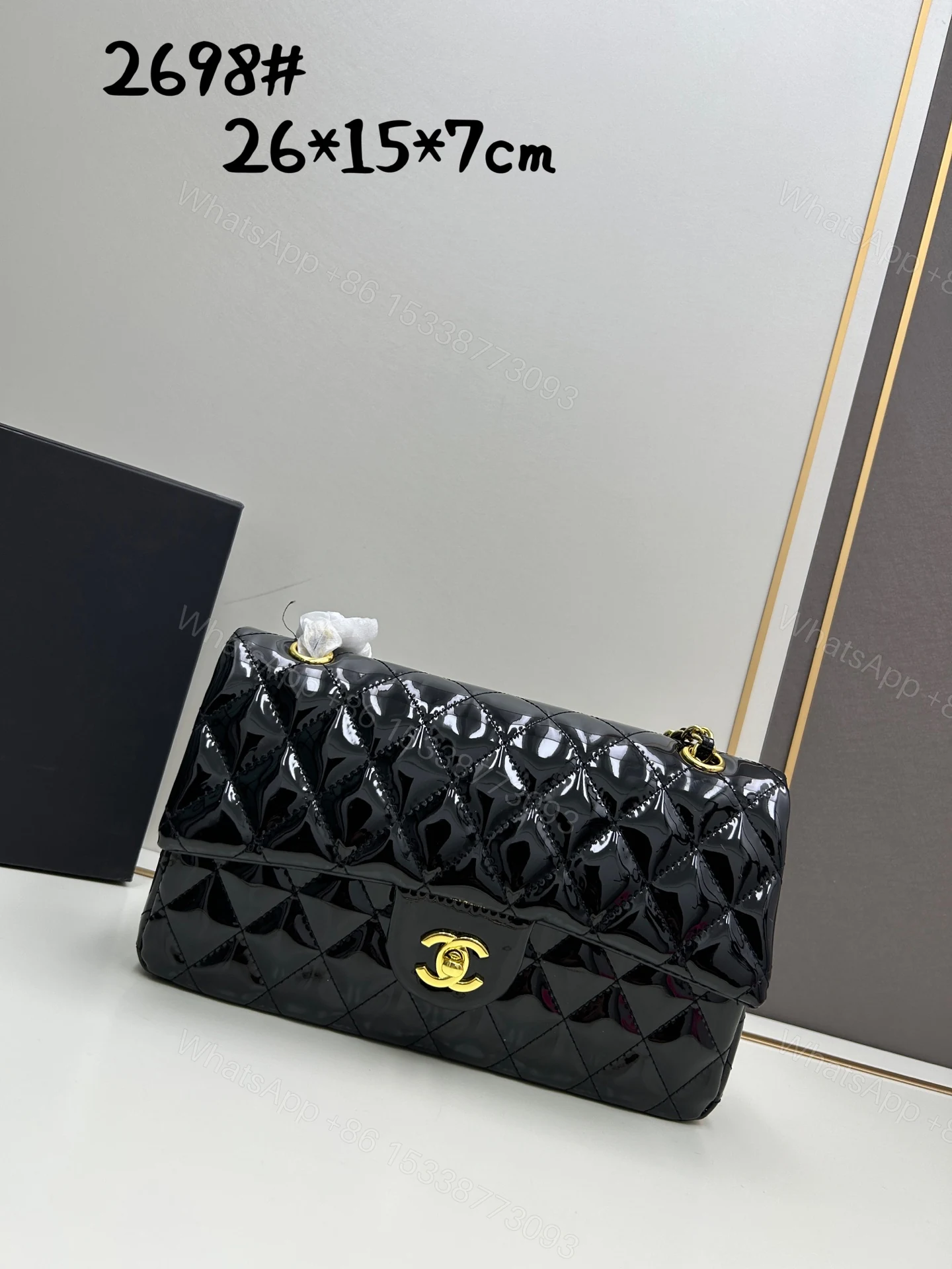 CHANEL高仿黑色漆皮中號口蓋包經典菱格鏈條肩背包復古時尚款 — view 1