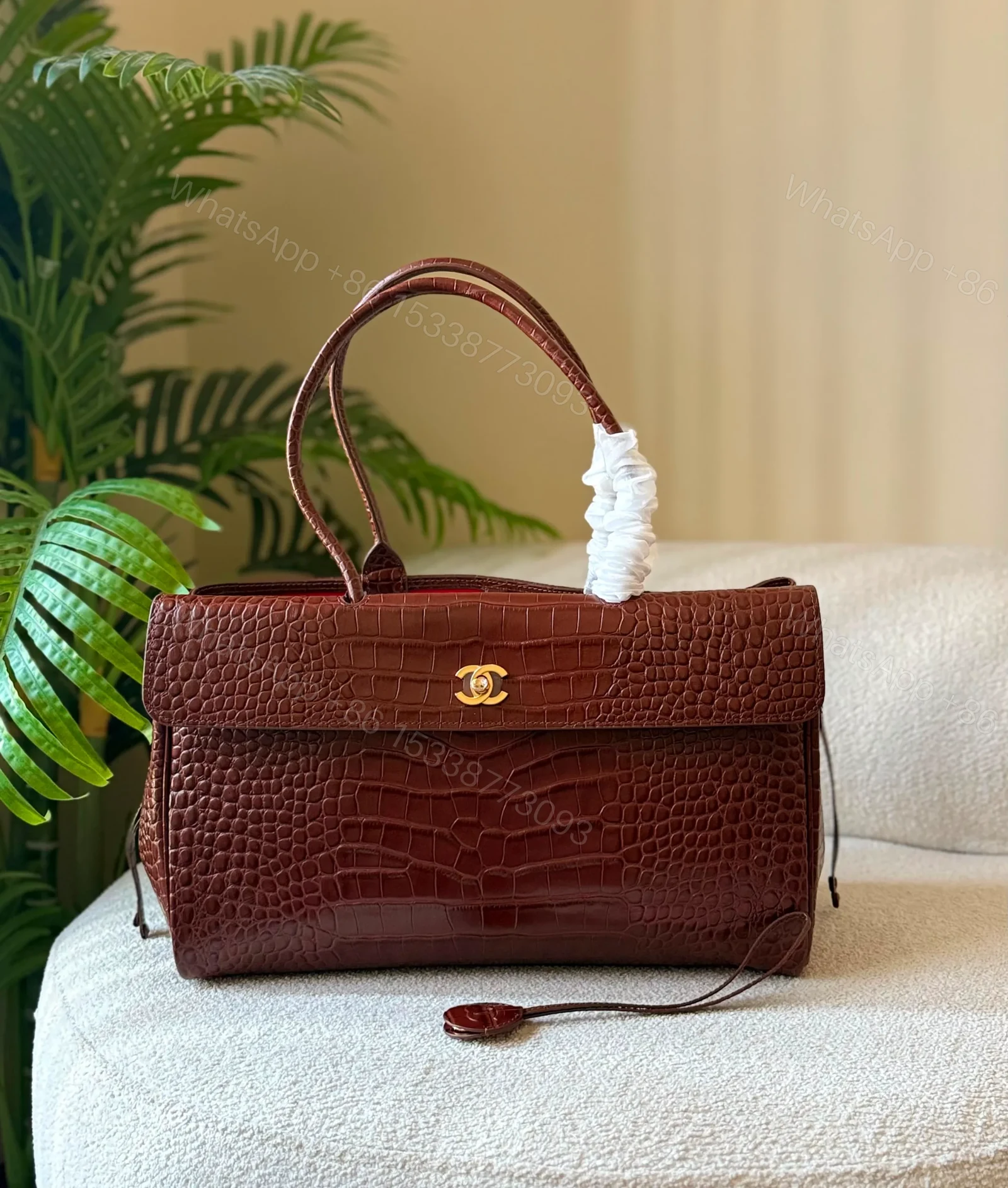 Burgundy Chanel Crocodile-Embossed Calfskin Handbag — view 1