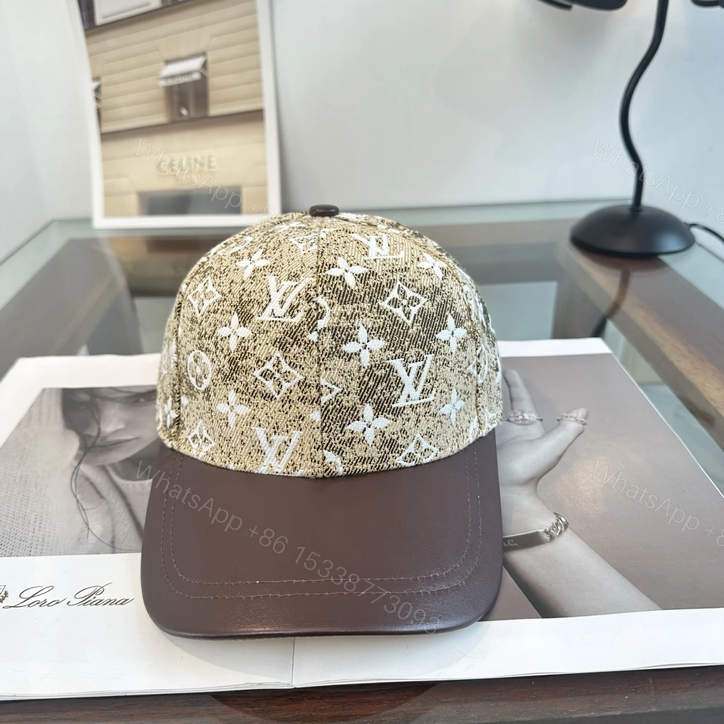 LV高仿卡其老花拼皮棒球帽 Monogram經典百搭遮陽帽 — view 1