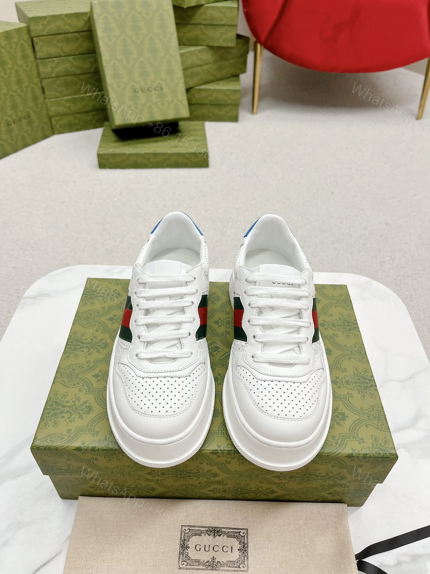 Gucci 高仿 男女款 白色條紋厚底休閒鞋 清新百搭風 — view 1