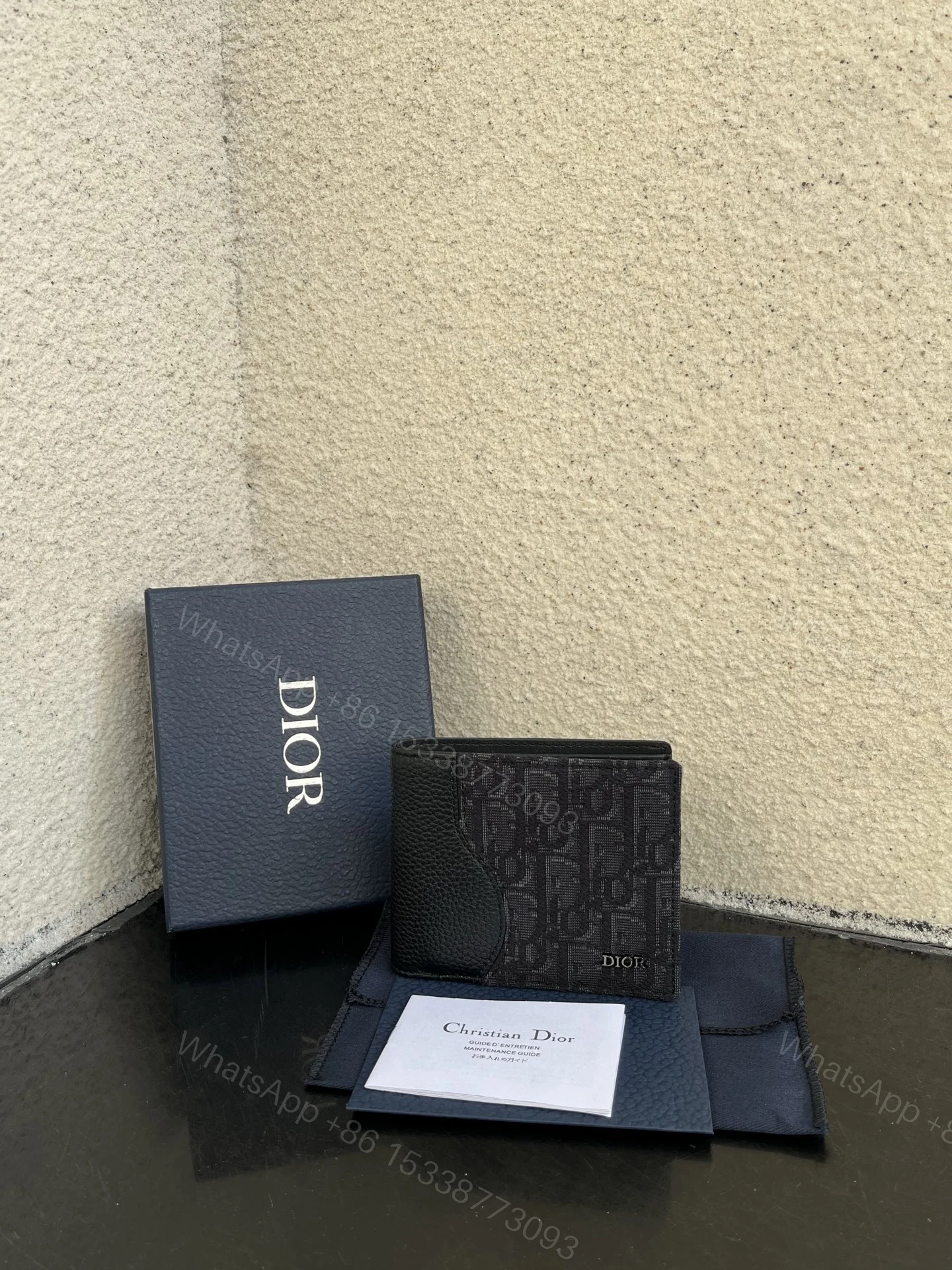 Dior 高仿男士短夾 老花與荔枝皮拼接設計 — view 1