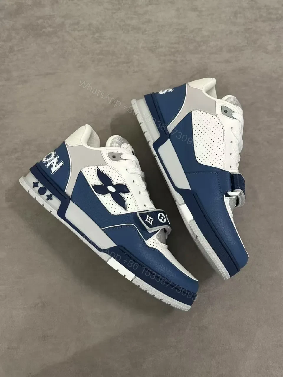 View 6 of White & Navy Perforated Leather Lace Sneakers - All-Day Comfort