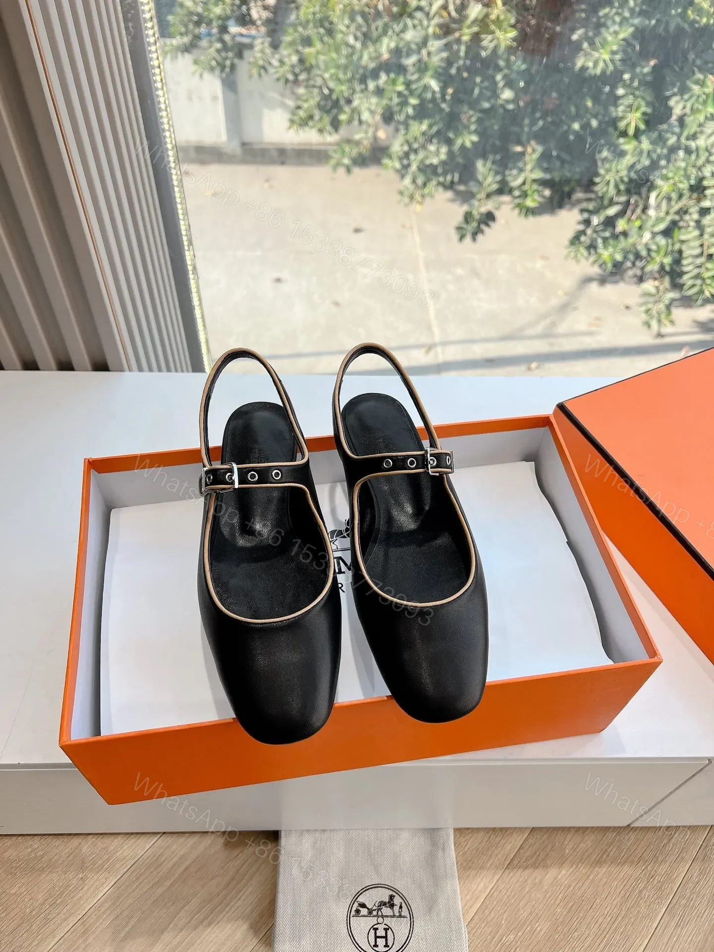 Hermes Women Black Leather Slingback Mules — view 1