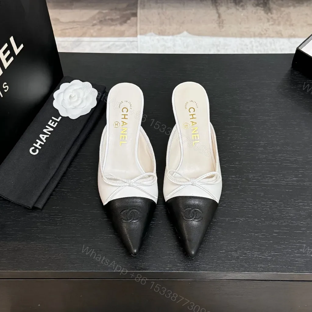 View 8 of Two-Tone Leather Mules with Knot Detail, Kitten Heel, Luxe Style