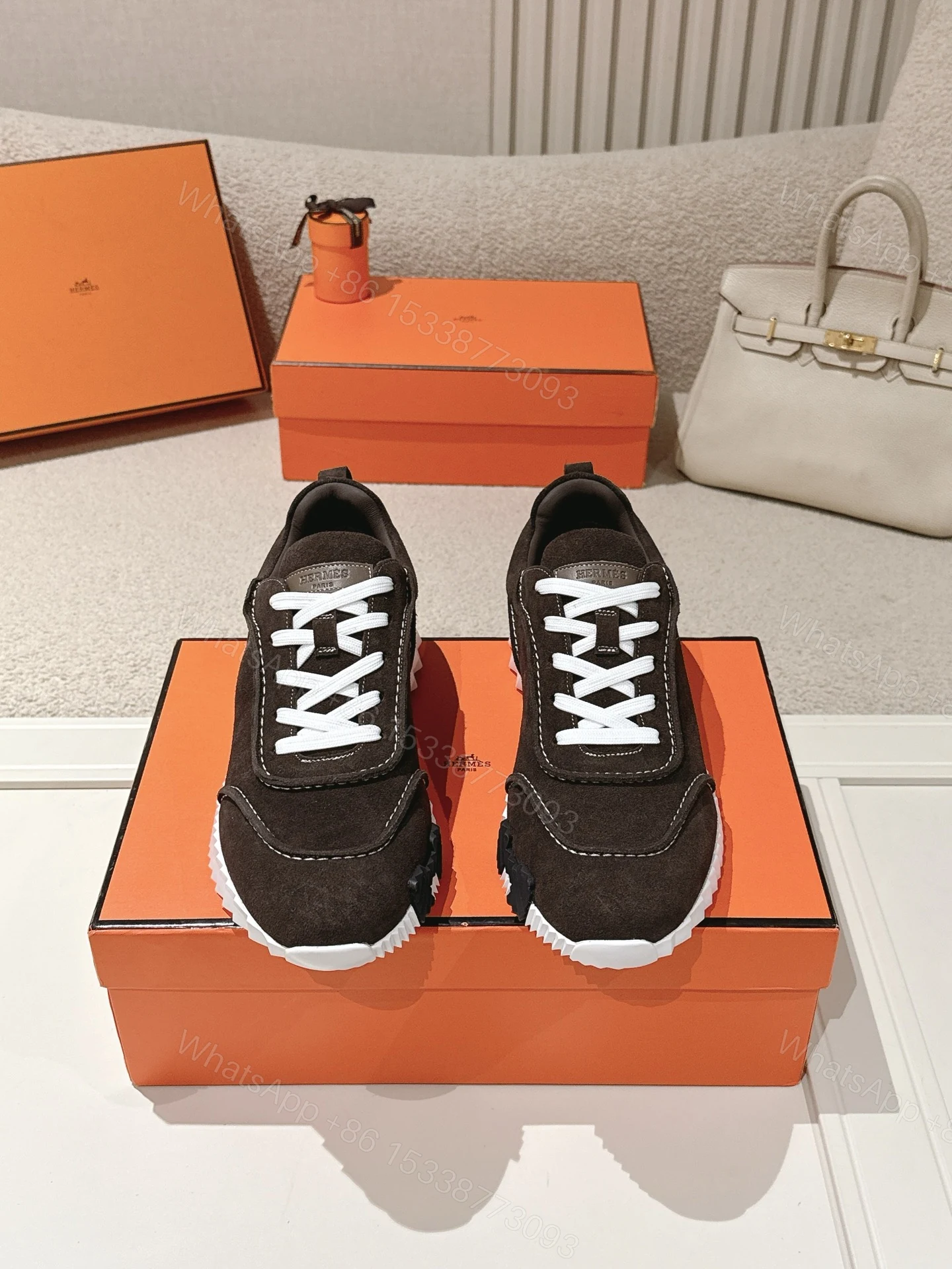 Hermes高仿男士運動鞋深棕麂皮厚底休閒鞋高級質感款 — view 1