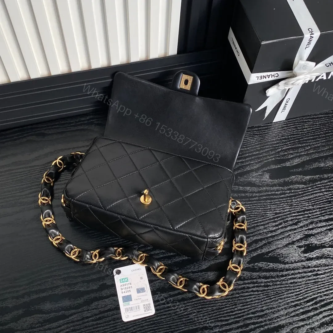 View 6 of CHANEL MEDIUM FLAP BAG 26 IN BLACK CALFSKIN GOLD DOUBLE C THICK CHAIN