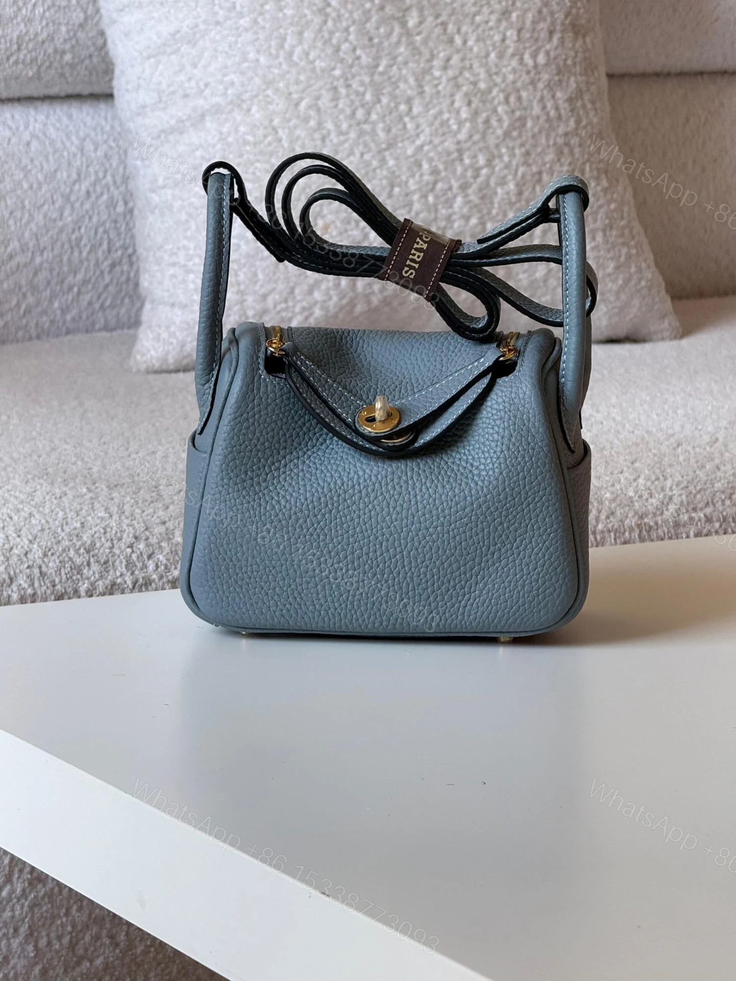 Hermès Mini Lindy II bag in Bleu Glacier Clemence leather — view 1