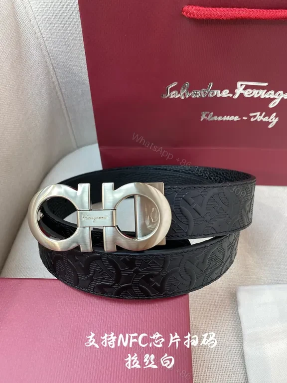 Black Embossed Leather Belt with Gancini Buckle – Ferragamo Luxe — view 1