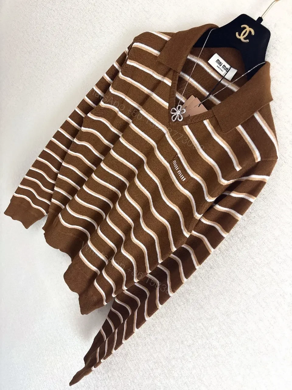 View 7 of Rich Brown Striped Knit Polo: All-Day Comfort